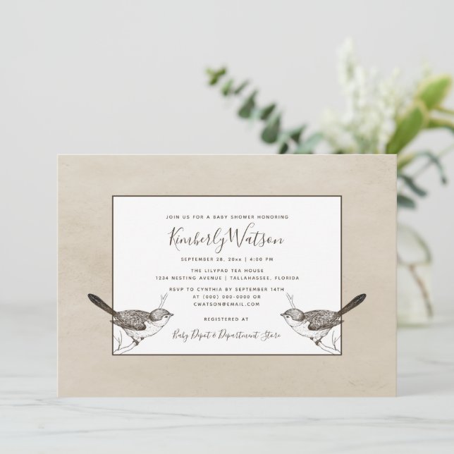 Baby shower Songbird Pair | Invitation beige (Debout devant)