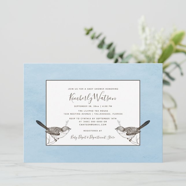 Baby shower Songbird Pair | Invitation bleue (Debout devant)