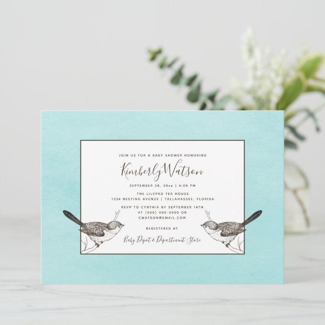 Baby shower Songbird Pair | Invitation Turquoise (Debout devant)
