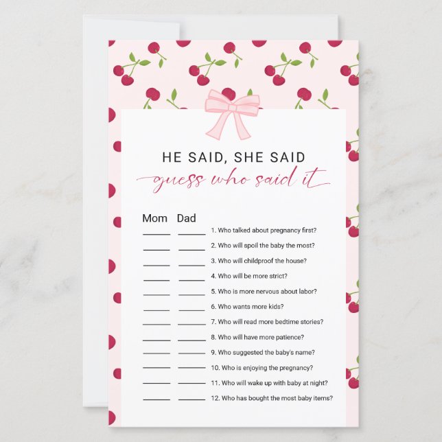 Baby Shower Spiel "Er sagte, sie sagte" mit rosa S (Vorderseite)