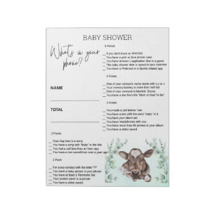 Baby-Shower-Spiel Was ist in deinem Telefon Kuh Notizblock