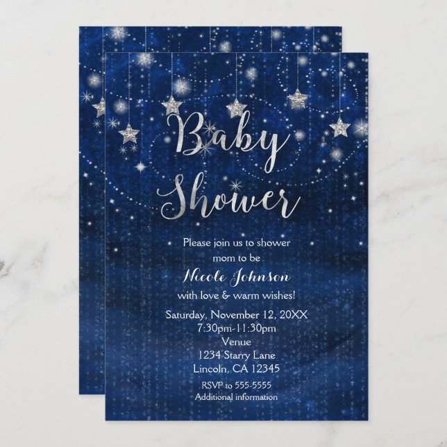 Baby shower Starry Night Blue & Silver Invitation (Devant / Derrière)