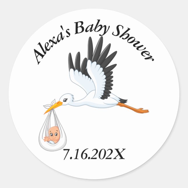 Baby Shower Storch auf Weiß Runder Aufkleber (Vorderseite)