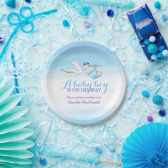Baby Shower Storch Lieferung Baby Boy Art Platte Pappteller (Party)