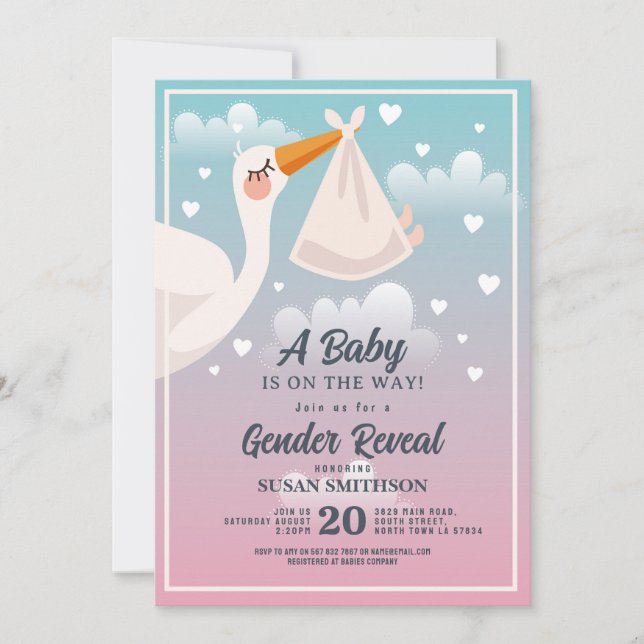 Baby Shower Stork Pink Blue Gender Reveal Einladung (Vorderseite)