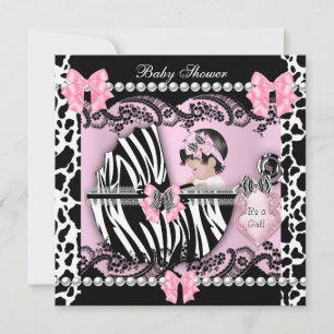 Baby Shower Süße Baby Mädchen Rosa Zebra Kuh Spitz Einladung