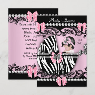 Baby Shower Süße Baby Mädchen Rosa Zebra Spitze Einladung