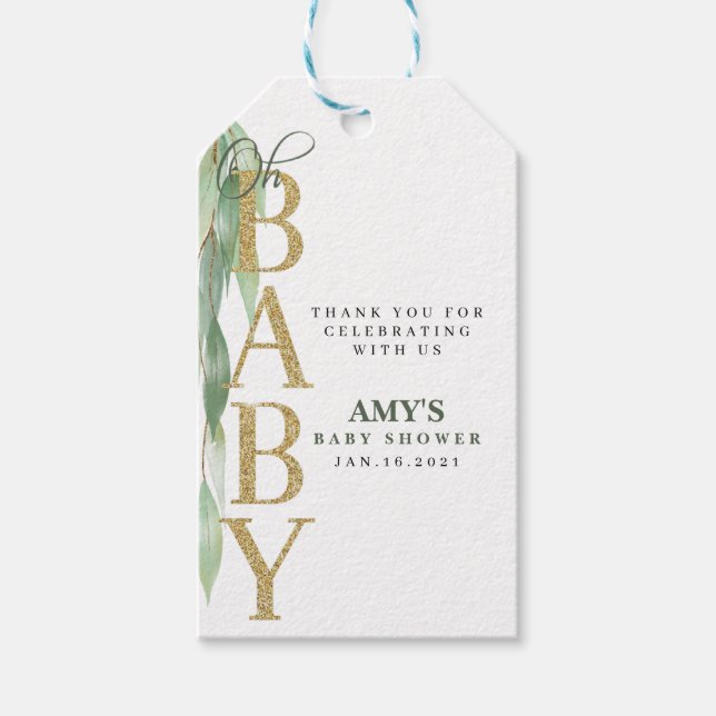 BABY SHOWER TAG|Danke|Eukalyptus Geschenkanhänger (Vorderseite)