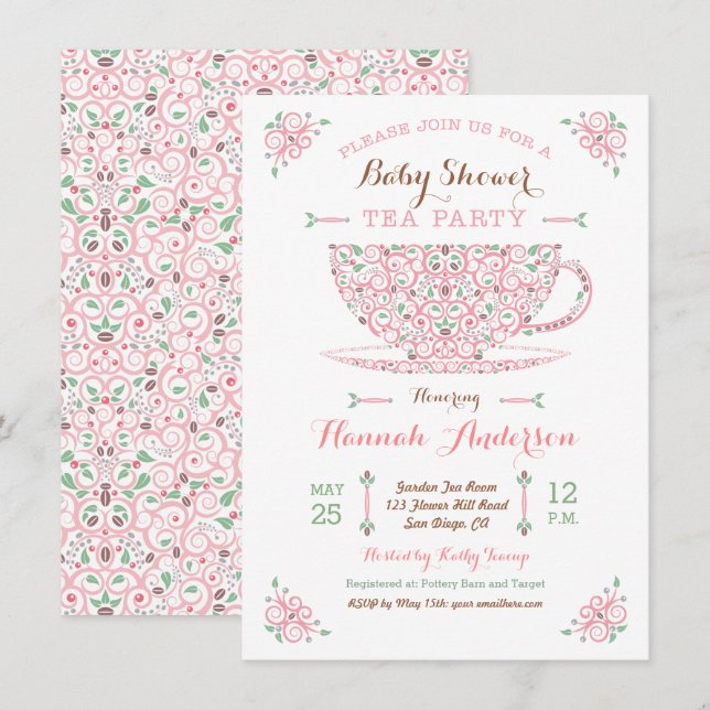 Baby shower Tea Party - Baby Girl II Invitation (Devant / Derrière)
