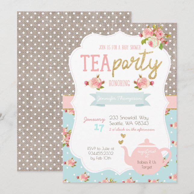 Baby shower Tea Party Invitation (Devant / Derrière)
