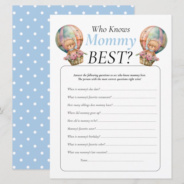 Baby Shower Teddy Ballons Junge, der Mama kennt Einladung (Vorne/Hinten)