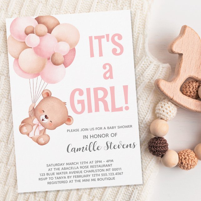 Baby Shower Teddy Bear Balloon Girl Einladung (Von Creator hochgeladen)
