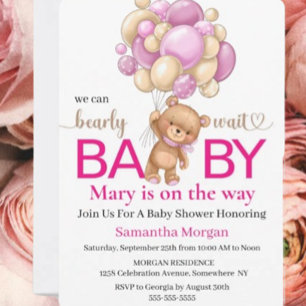 Baby Shower Teddy Bear Balloon Girl Theme Einladung