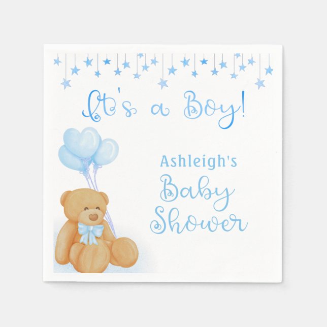 Baby Shower Teddy Bear Blue Balloons ITS A BOY Serviette (Vorderseite)