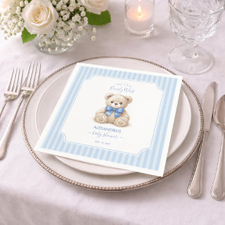 Baby Shower Teddy Bear & Blue Stripes Bearly Wait Serviette