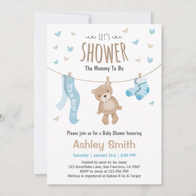Baby shower Teddy Bear Invitation Baby Boy (Devant)