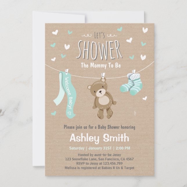 Baby shower Teddy Bear Invitation Baby Mint Green (Devant)