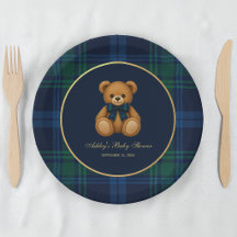 Baby Shower Teddy Bear Preppy Boy Blue Green Plaid