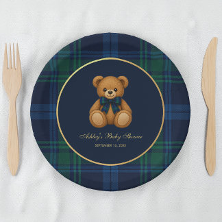 Baby Shower Teddy Bear Preppy Boy Blue Green Plaid Pappteller