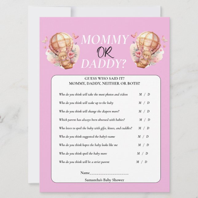 Baby Shower Teddy Mommy oder Daddy Hot Air Ballon Einladung (Vorderseite)