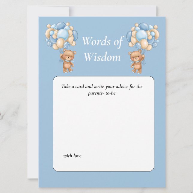Baby Shower Teddy Wisdom Blue Einladung (Vorderseite)