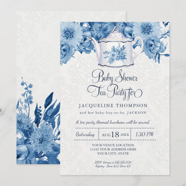 Baby Shower Tee Party Navy Blue Floral w Teapot Einladung (Vorne/Hinten)
