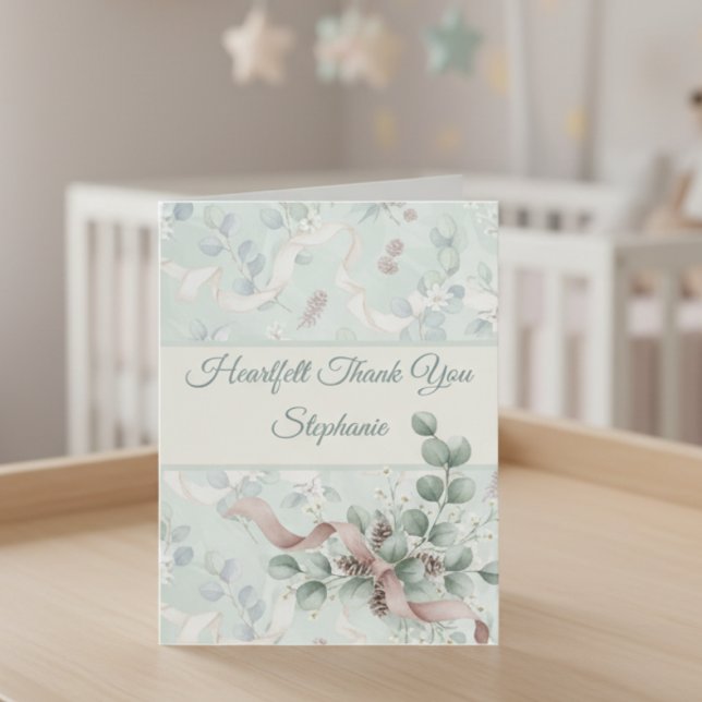 Baby Shower Thank You Card - Eucalyptus & Bow Dankeskarte (Baby shower thank you card)