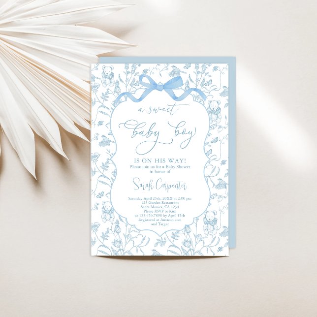 Baby shower Toile De Jouy avec Bow Boy Invitation (Créateur téléchargé)