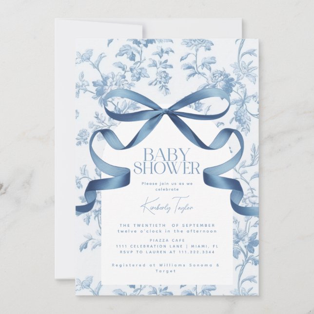 Baby shower Toile De Jouy Blue Bow Invitation (Devant)