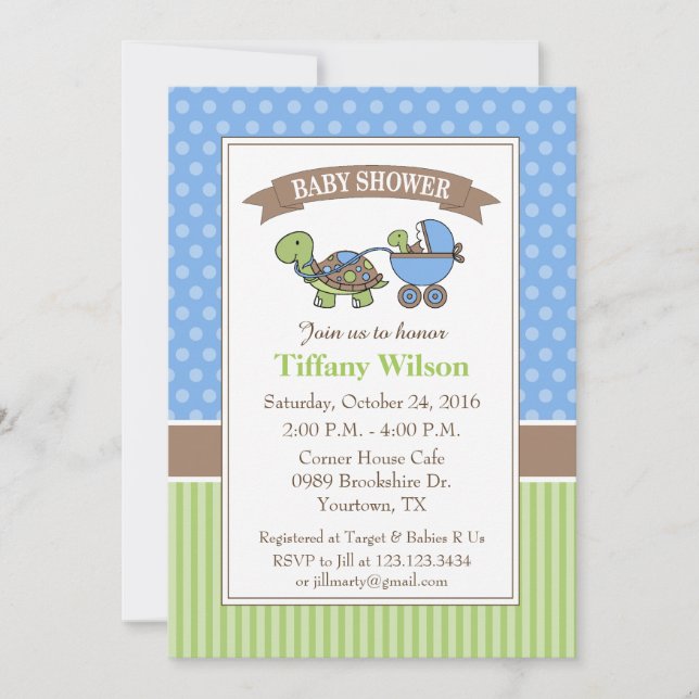 Baby shower tortue bleu Invitation (Devant)