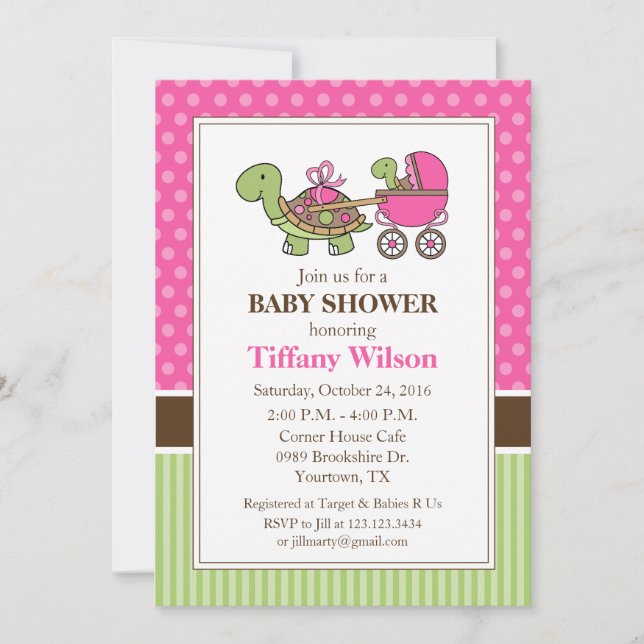 Baby shower tortue Invitation rose (Devant)