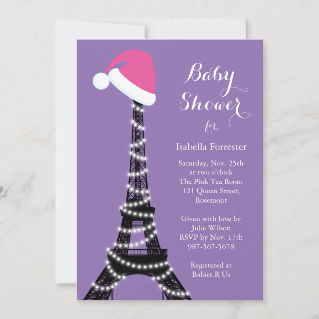 Baby shower Tour Eiffel Wintery Invitation violet (Devant)