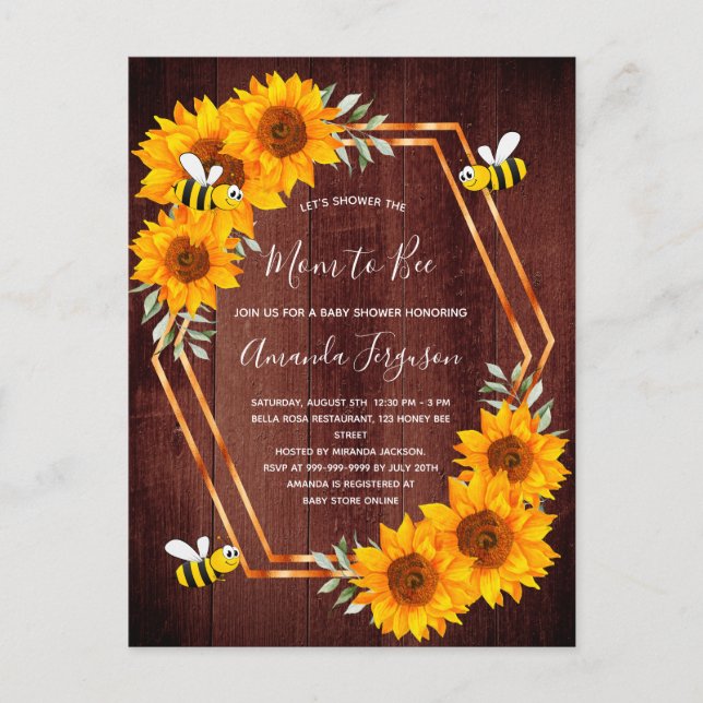 Baby shower tournesol abeille brune invitation (Devant)