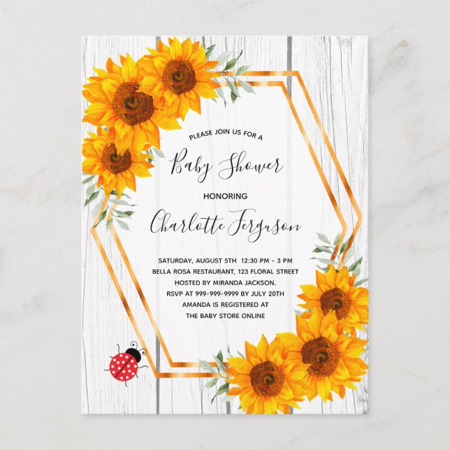 Baby shower tournesol rustique invitation ladybug (Devant)
