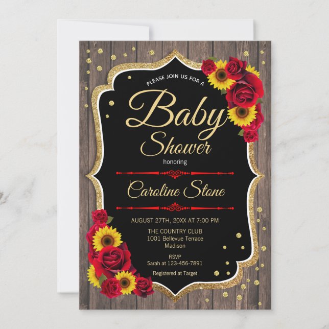 Baby shower - Tournesols Roses Invitation rustique (Devant)