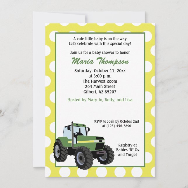 Baby shower tracteur vert 5x7 Invitation (Jaune) (Devant)