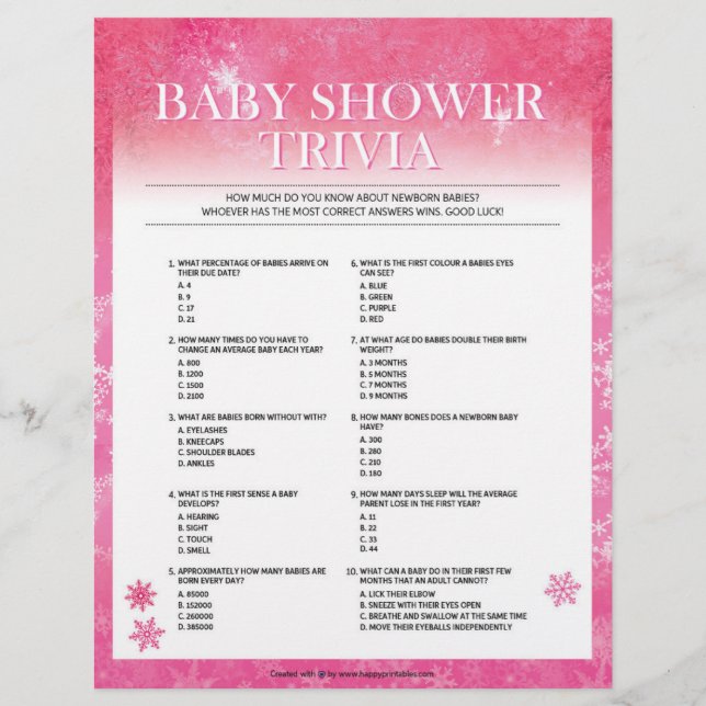 Baby Shower Trivia [Snowy Pink] Briefbogen (Vorderseite)