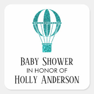 Baby Shower Türkis Glitter Heißluftballon mit Name Quadratischer Aufkleber