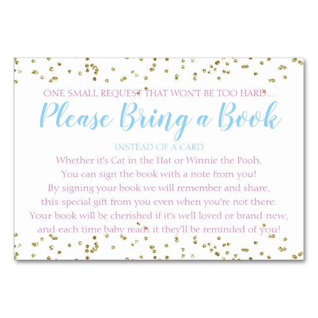 Baby Shower Twin Book Request Gold Confetti Tischnummer (Vorderseite)