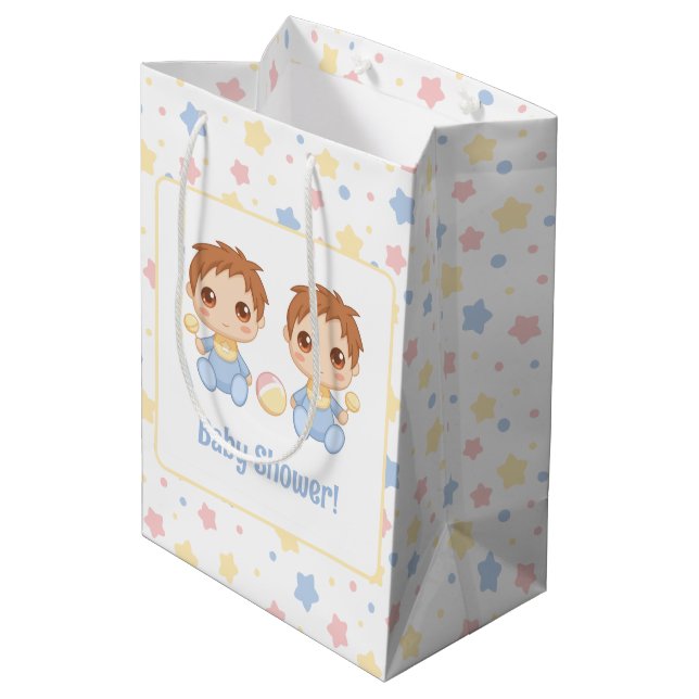 Baby Shower Twin Boys Mittlere Geschenktüte (Rückseite Schrägansicht)