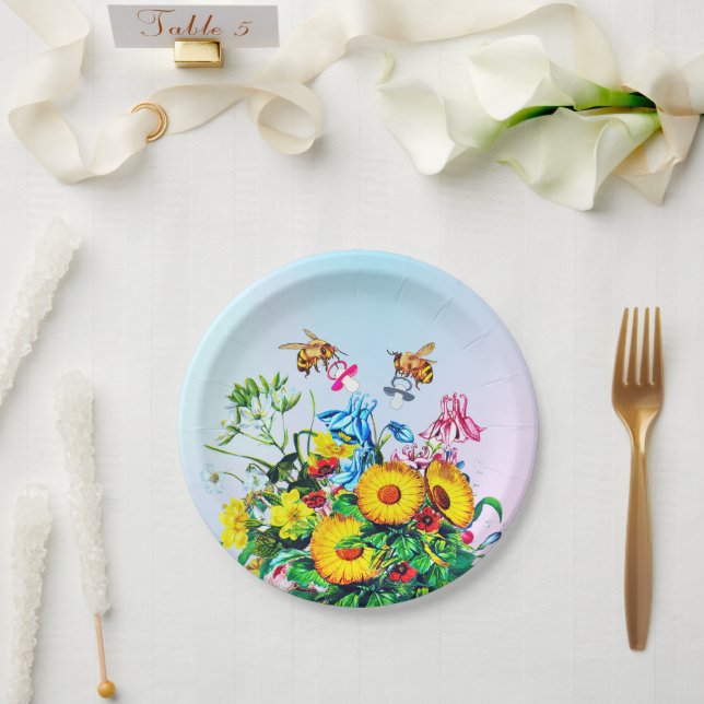 Baby Shower Twins Bees Floral Schnuller Pappteller (Hochzeit)