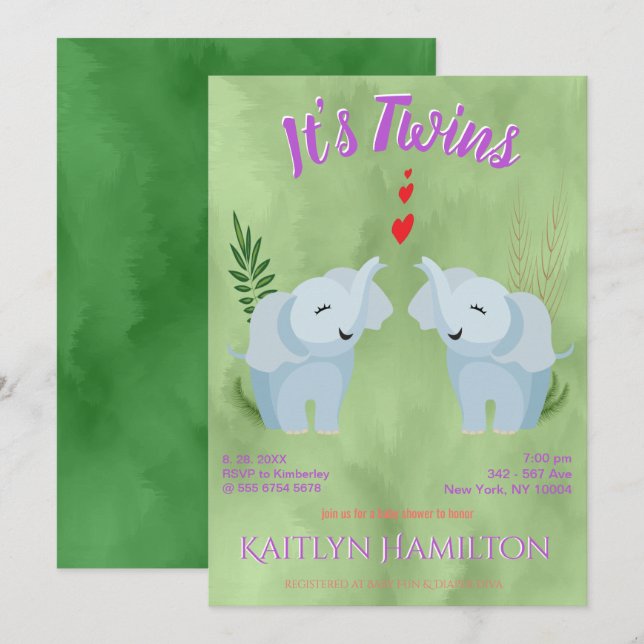 Baby Shower Twins Elephant Einladung (Vorne/Hinten)