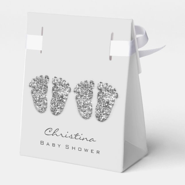 Baby Shower Twins Feet Tropfens Glitzer Silver Gra Geschenkschachtel (Rückseite)
