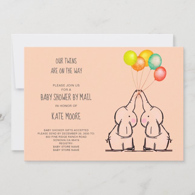 Baby shower Twins Par Mail Peach Invitation (Devant)