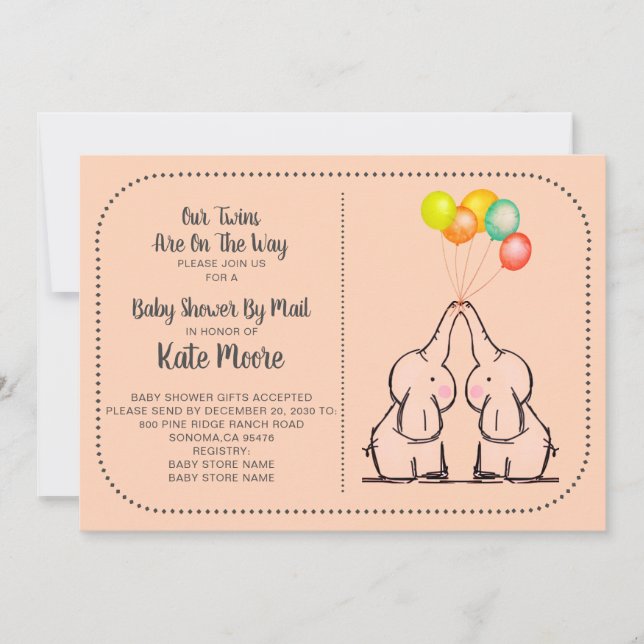 Baby shower Twins Par Mail Peach Invitation (Devant)
