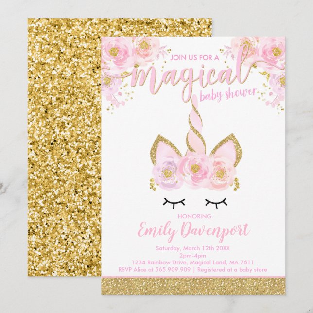 Baby shower Unicorn Invitation Baby shower magique (Devant / Derrière)