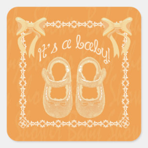 Baby shower unisex orange carré autocollant