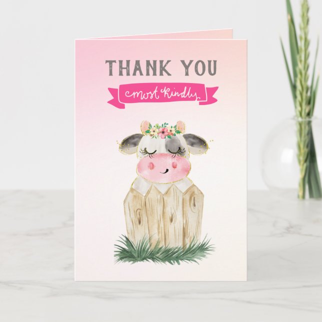 Baby shower Vache Or Rose Cute Merci Note (Devant)