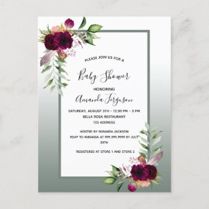 Baby shower vert bordeaux floraux invitation