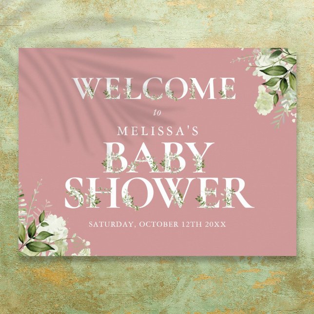 Baby shower vert Dusty Rose rose  Affiche de bienv (Greenery Dusty Rose Pink Baby Shower Welcome Sign)